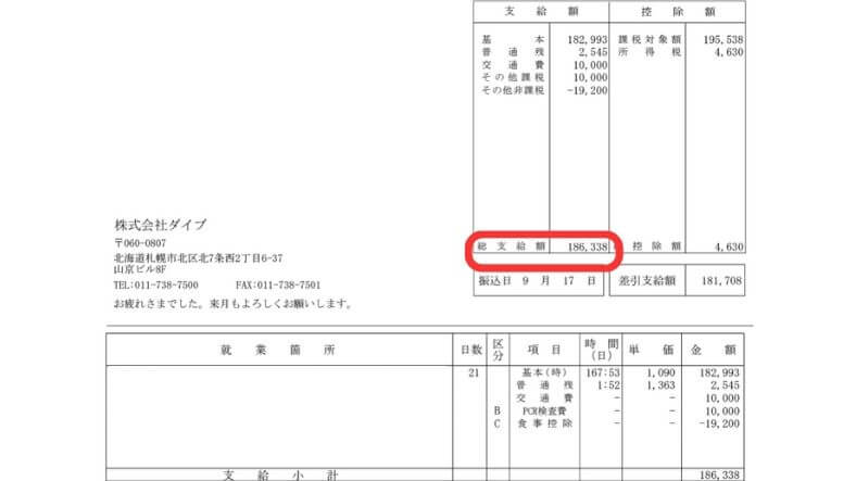 リゾートバイト　ダイブ　2021年8月　給料明細　10万円台